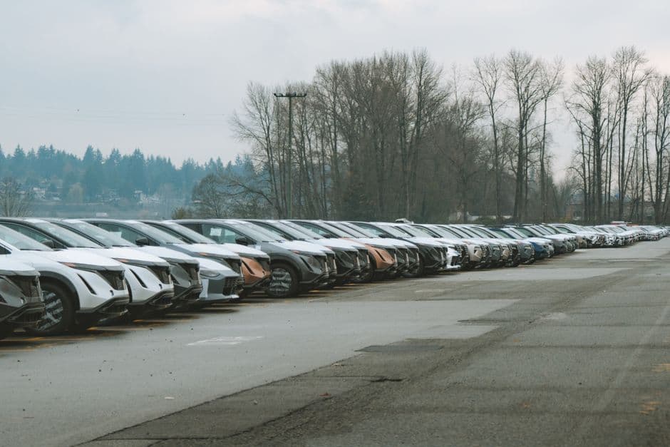 A long row of low-maintenance cars parked in an outdoor lot