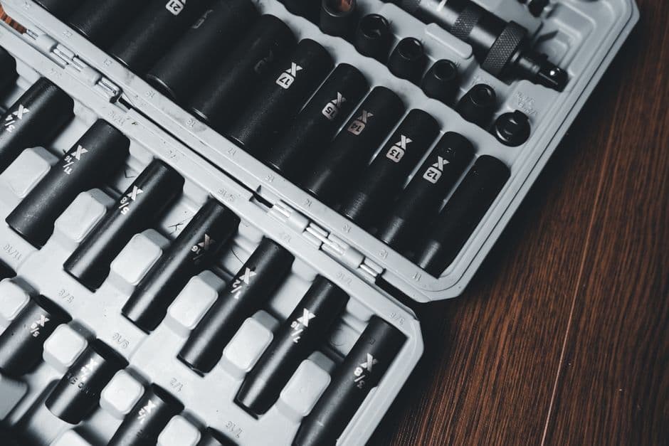 Socket set in a case used for routine car maintenance jobs