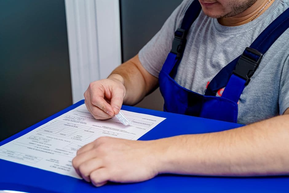 Mechanic in overalls reviewing service paperwork and invoices at a desk